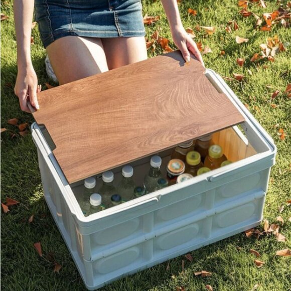 Picnic Camping Concert Handled Tote Collapsable with Wood Look Lid - Picture 4 of 5